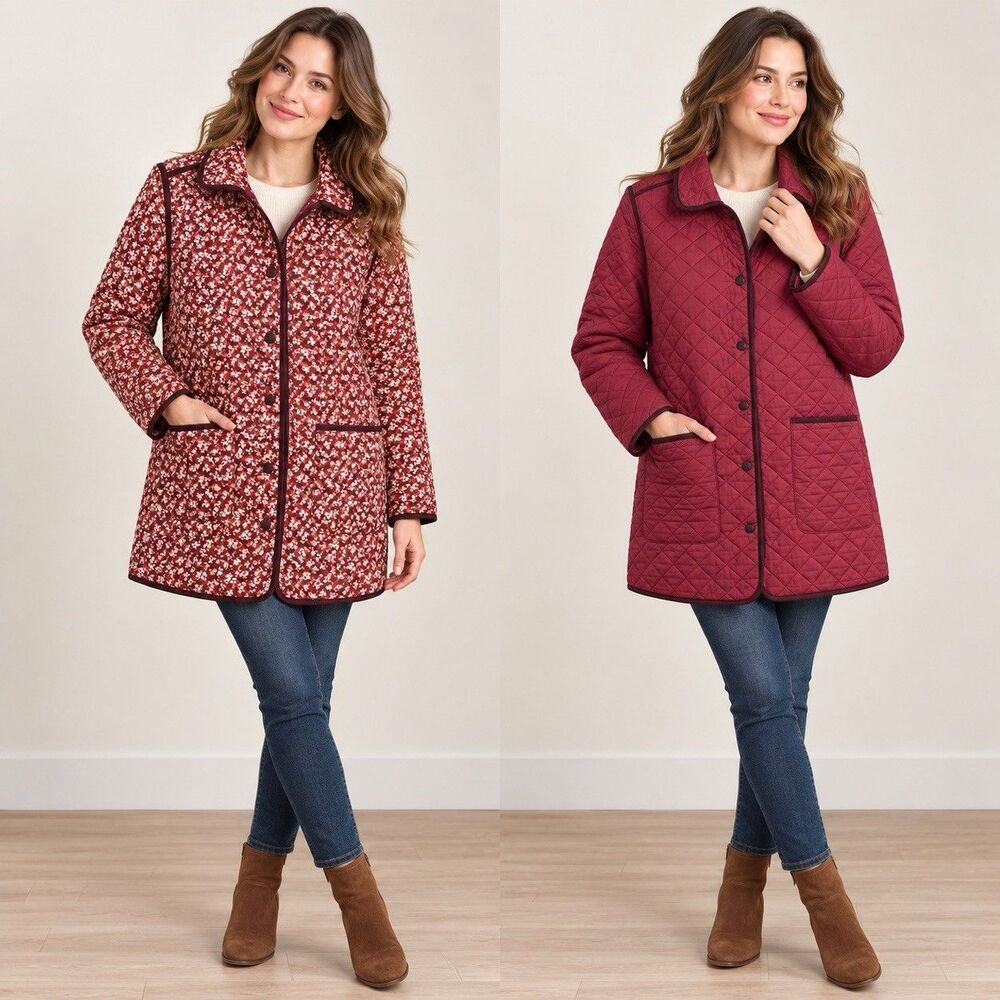 Lands’ End Reversible Barn Coat S PrimaLoft Quilted Floral Burgundy Preppy New